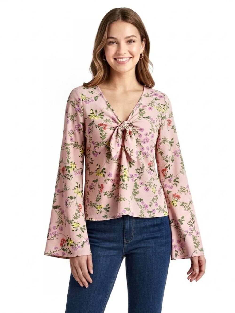 Ten Sixty Sherman Floral Tie-Front Bell Sleeve Blouse Pink / Multi Womens Size M
